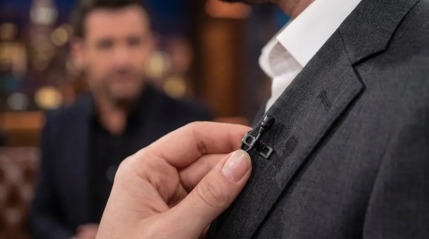 Porta-voz ajustando o microfone de lapela antes de uma entrevista